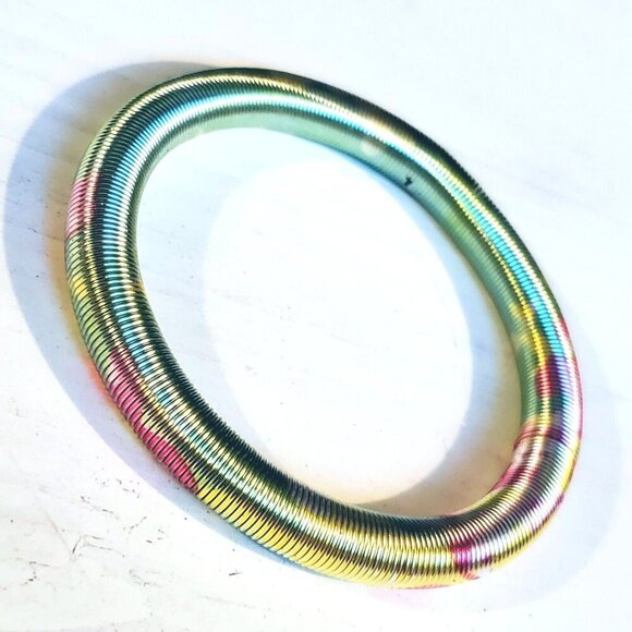 Printed Design Stretch Stainless Steel Coil Green Multicolor Bangle Bracelet #6 - Picture 7 of 7